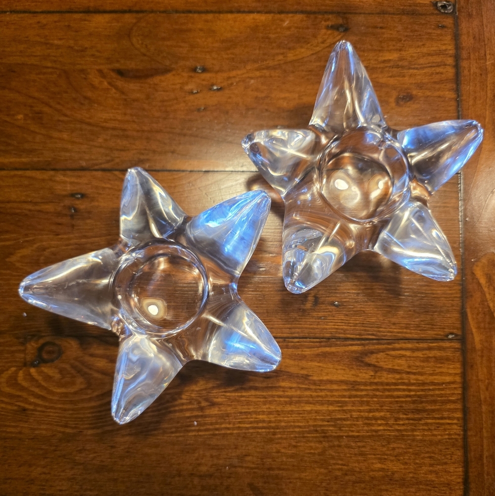 ORREFORS (Sweden) Pair Of Crystal Starfish Candle Holders.